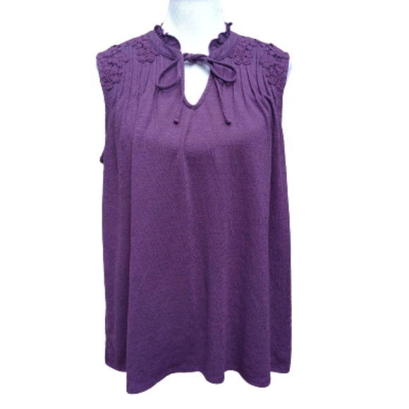 Time & Tru Purple Blouse Floral Applique Print Tie Neck Pleats - Picture 1 of 12